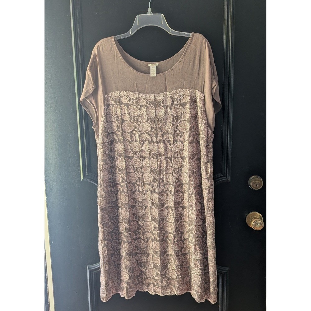 Sundance Shift Dress Cap Sleeve Brown Floral Lace Embroidered Scalloped Hem PXL